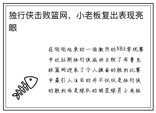独行侠击败篮网，小老板复出表现亮眼