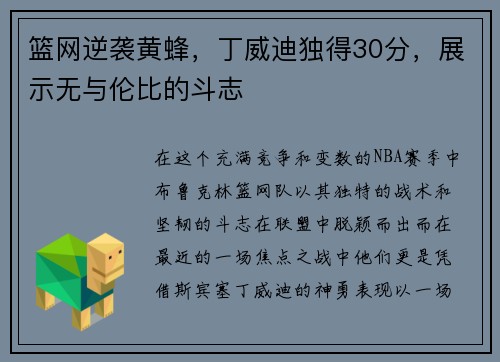 篮网逆袭黄蜂，丁威迪独得30分，展示无与伦比的斗志